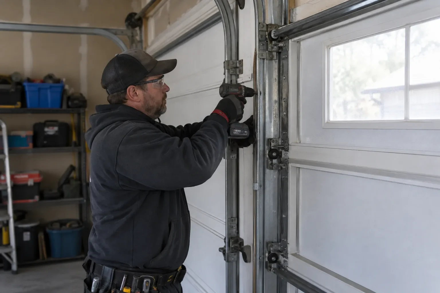 Illustrative garage doors scene; not an actual job