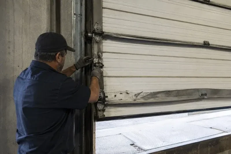 Person holding tools at the side hinge of a partly raised industrial sectional door — Commercial Sectional Door Repair, Mapleton