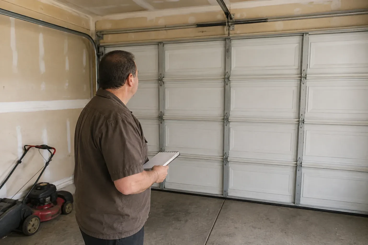 Technician holding a notebook while looking at a closed sectional door. — Garage Door Balance Adjustment, Centre Wellington