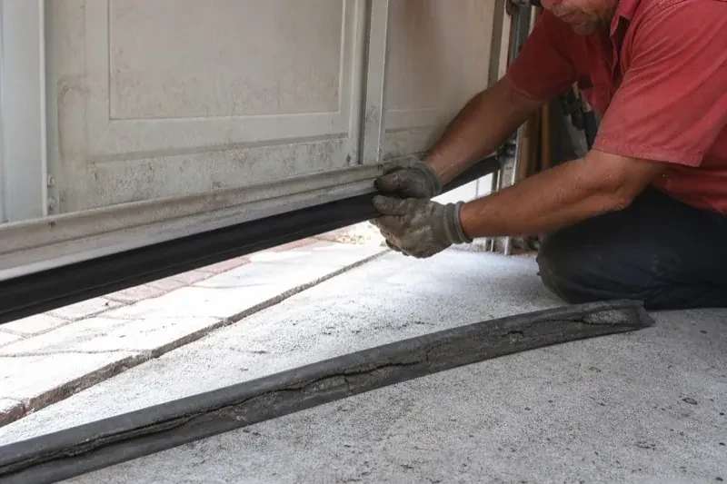 Person fitting a black strip along the bottom edge of a partly raised garage door, with a cracked strip lying on the floor. — Garage Door Bottom Seal Replacement, Centre Wellington