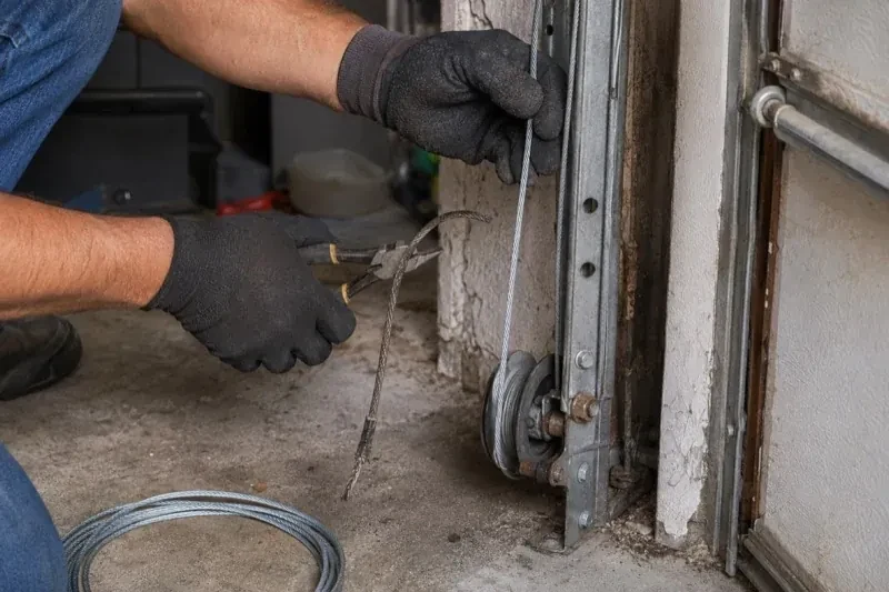 Gloved hands holding a bright cable and pliers gripping a frayed cable beside a garage-door track and pulley. — Garage Door Cable Replacement, Mapleton