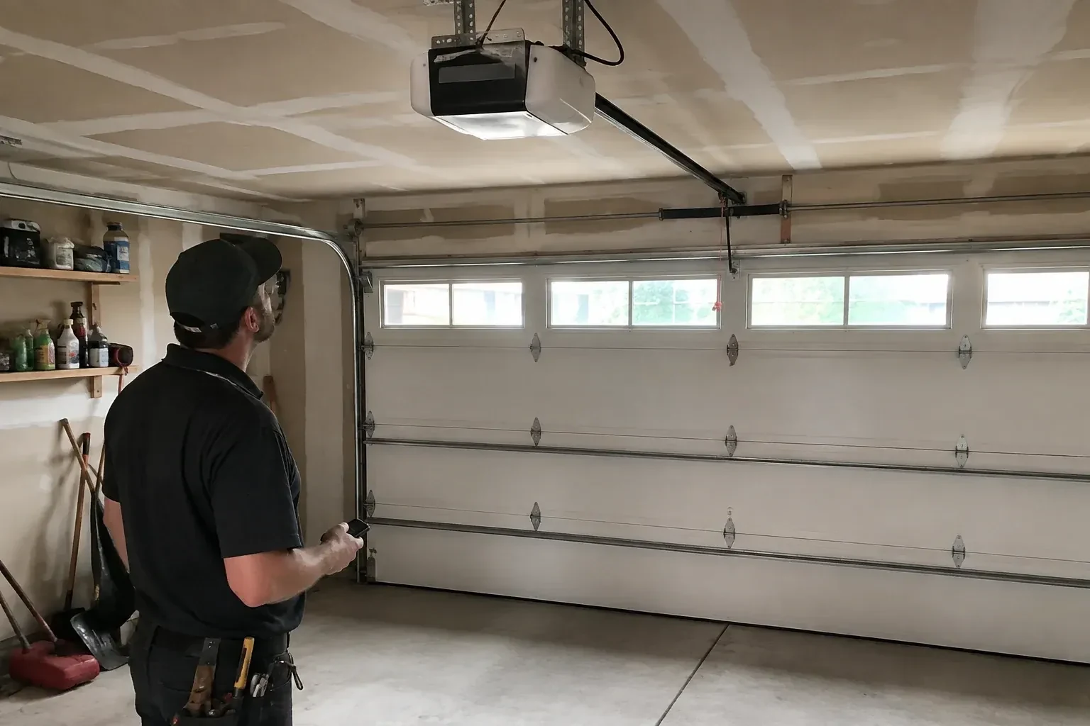 A person looks at an overhead opener above a closed garage door with a row of windows. — Garage Door Opener Replacement, Mapleton
