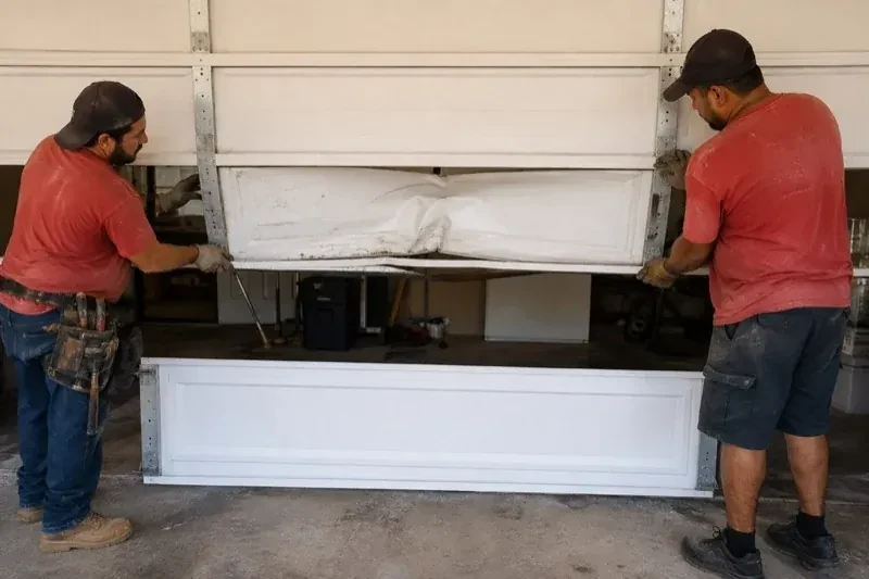 Two people holding a dented lower garage-door section above a separate white panel resting on the ground. — Garage Door Panel Replacement, Centre Wellington