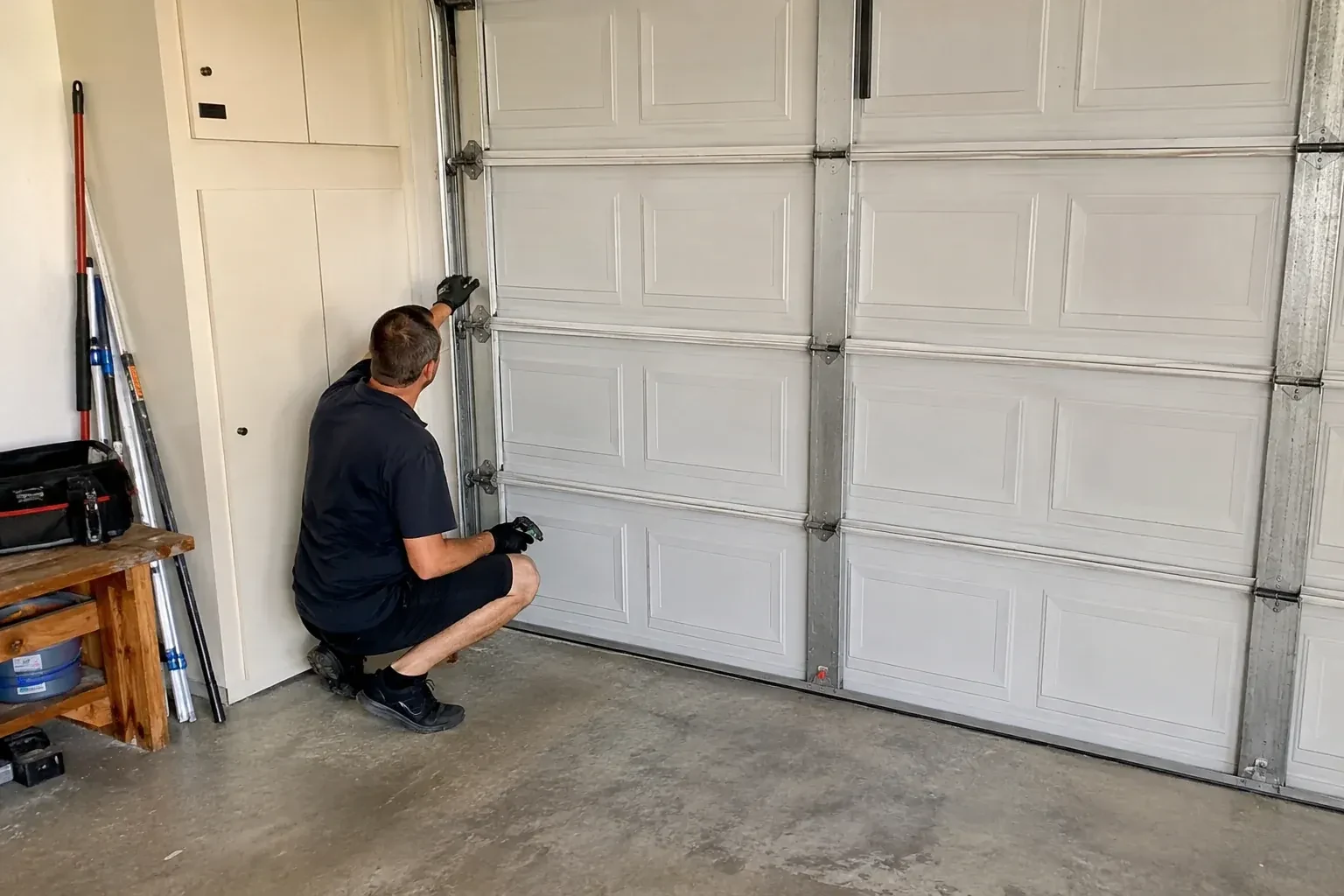 A person kneels beside the side track and hinges of a closed sectional garage door. — Garage Door Safety Inspection, Centre Wellington