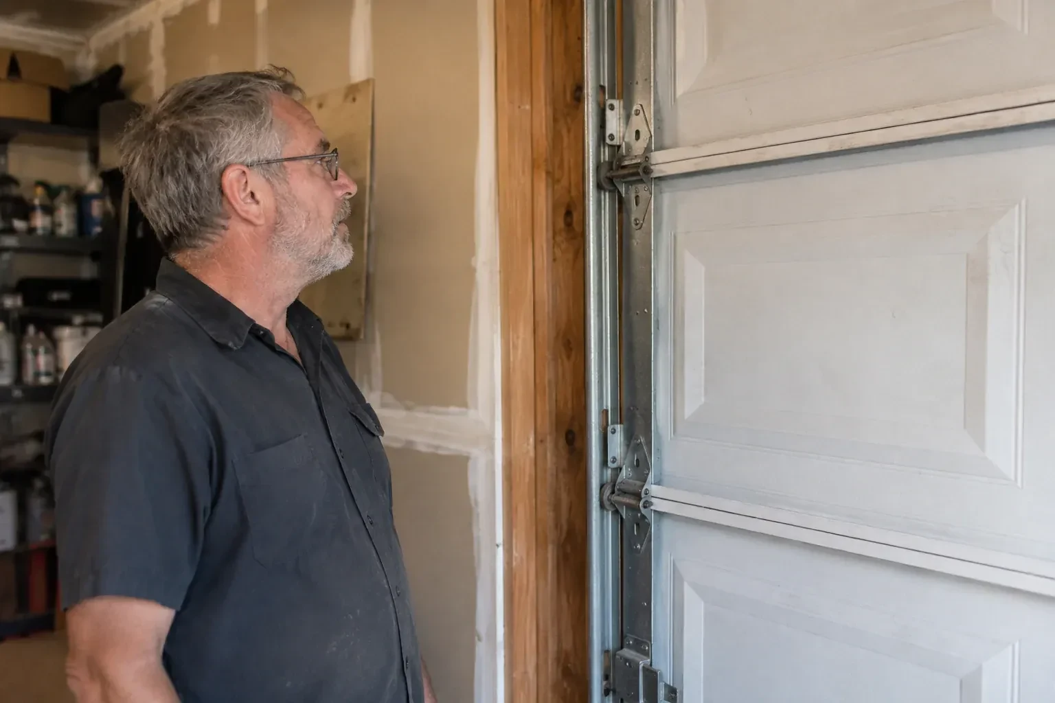 Technician looking at vertical garage door track and edge hinges. — Garage Door Track Repair or Replacement, Mapleton