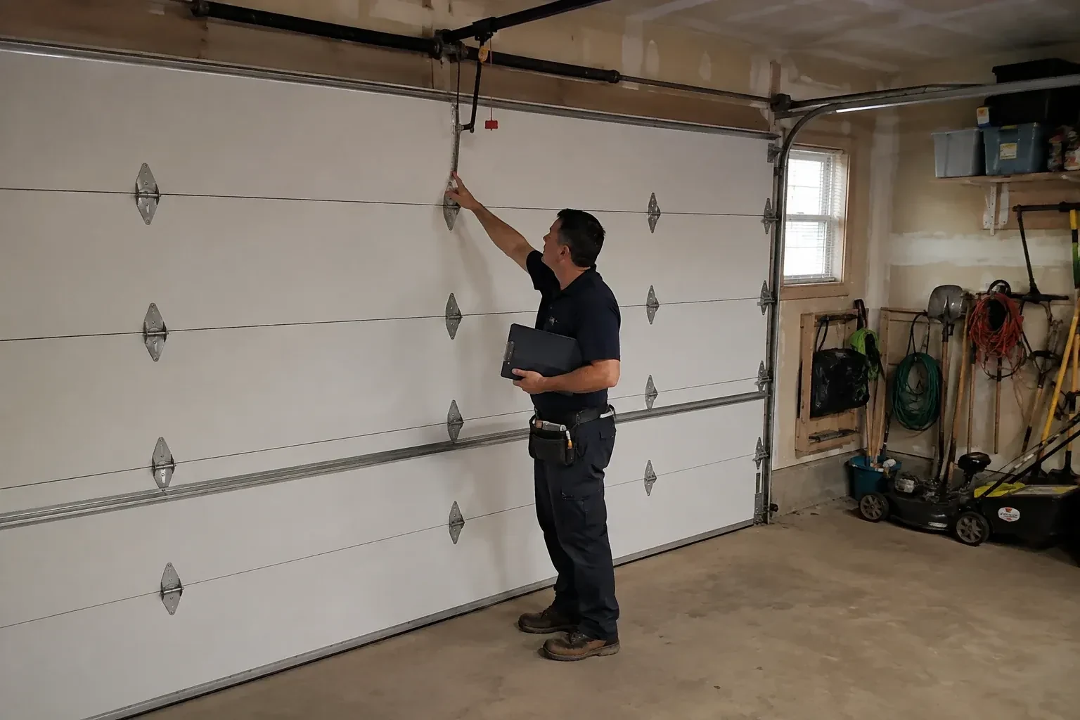 A person holding a clipboard examines the interior hardware of a closed garage door. — Garage Door Tune-Up, Centre Wellington