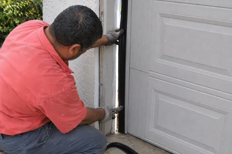Gloved person holding a black strip along the side of a sectional garage-door opening — Garage Door Perimeter Weatherstrip, Centre Wellington