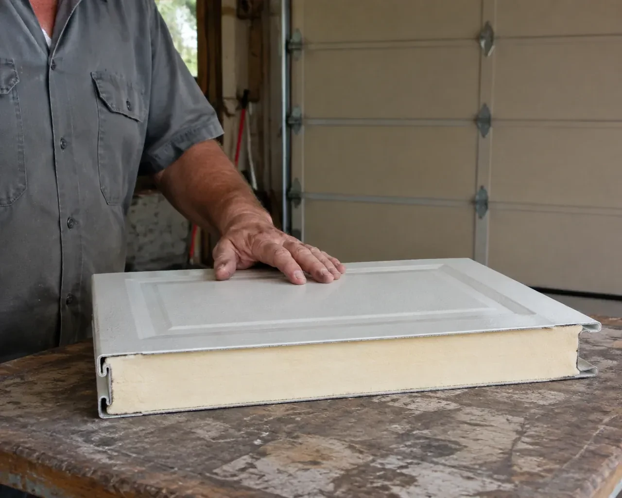 A panel sample exposes a cream foam core between thin metal faces on a garage workbench. — Insulated Steel Garage Door Installation, Centre Wellington