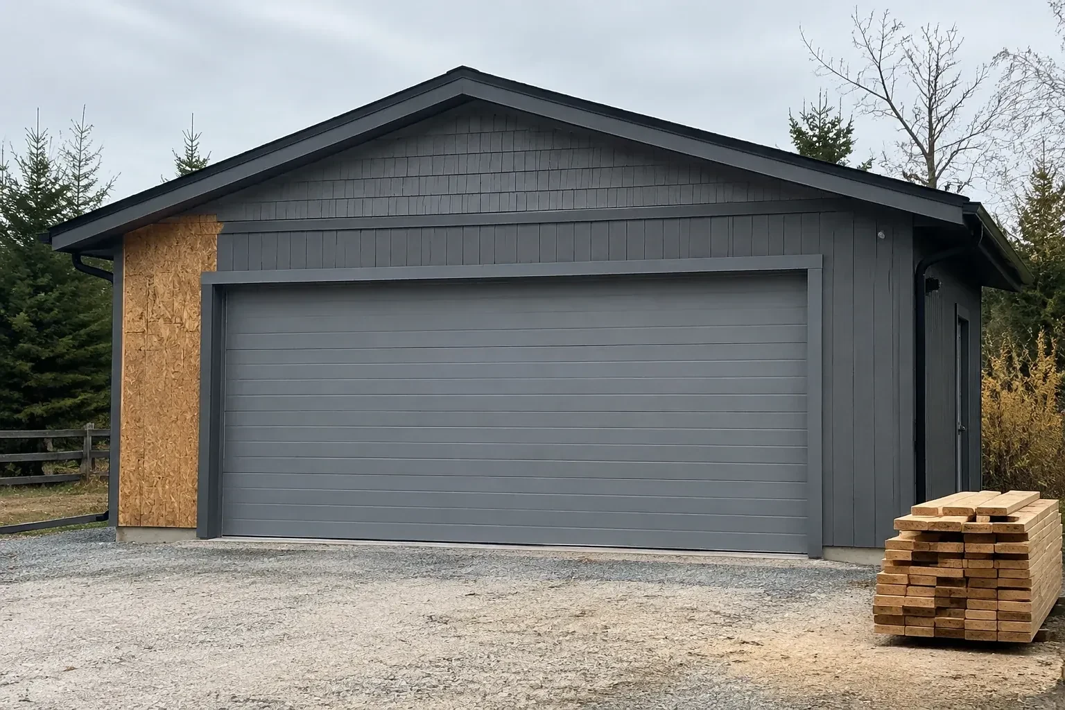 Closed grey garage door on a partly finished building beside stacked lumber. — New-Construction Garage Door Installation, Mapleton
