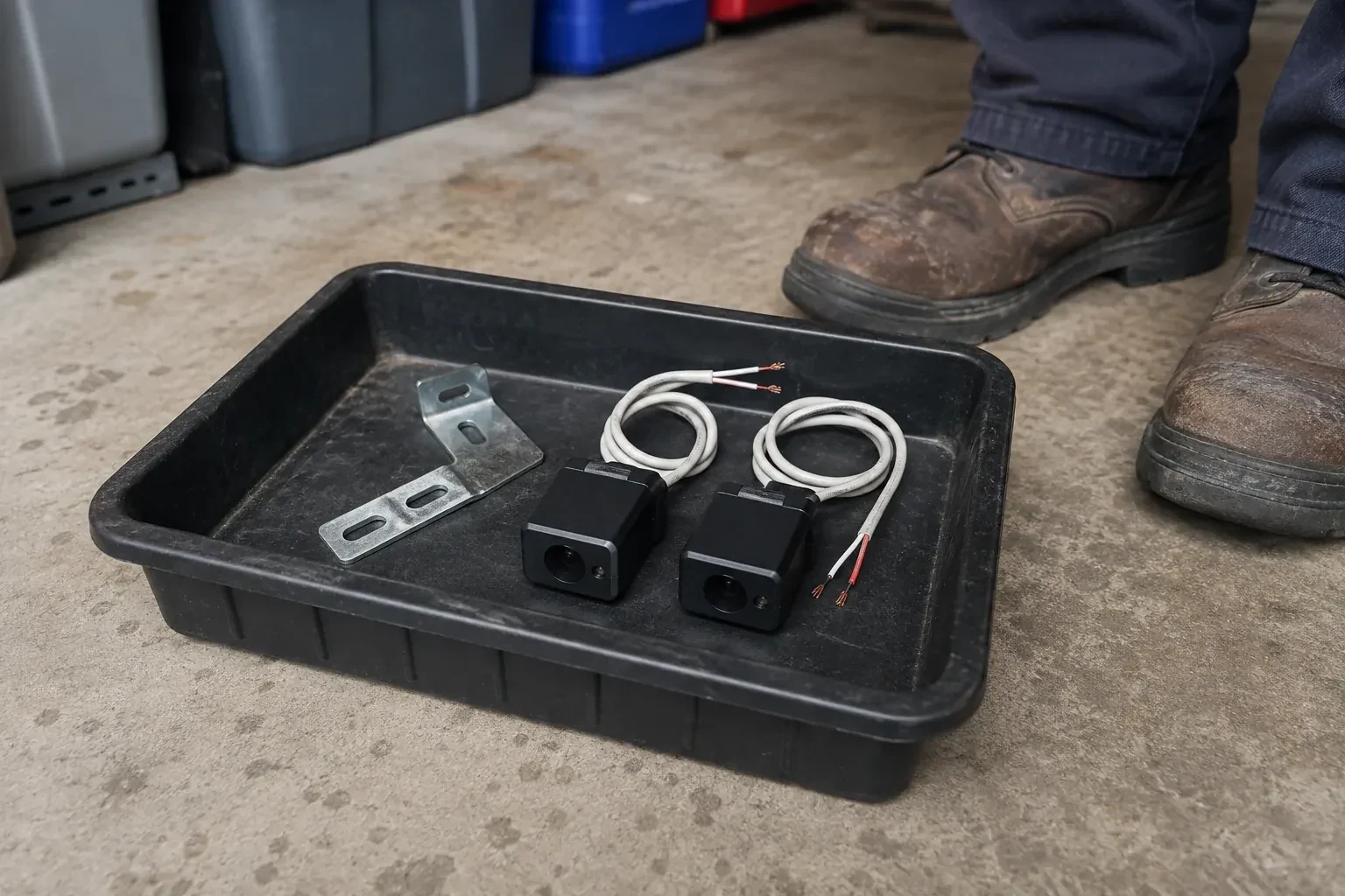 Two detached black sensors with recessed lenses and coiled wires lie in a tray beside a mounting bracket. — Photo-Eye Sensor Alignment or Replacement, Mapleton