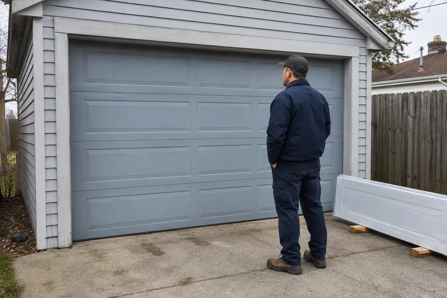 A person examines a blue-grey sectional garage door with a packaged door panel resting beside the driveway. — Sectional Garage Door Replacement, Centre Wellington