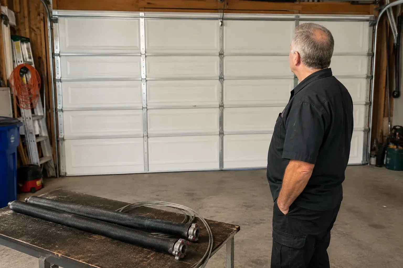 Detached coil springs with end fittings and a cable rest on a bench in front of a closed garage door. — Torsion Spring Replacement, Centre Wellington